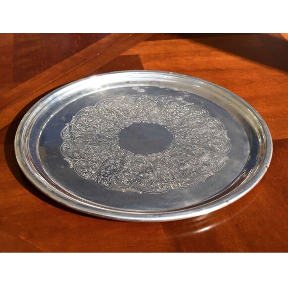 Vintage Newburyport Silverplate Round Serving Tray Engraved Victorian Scroll USA